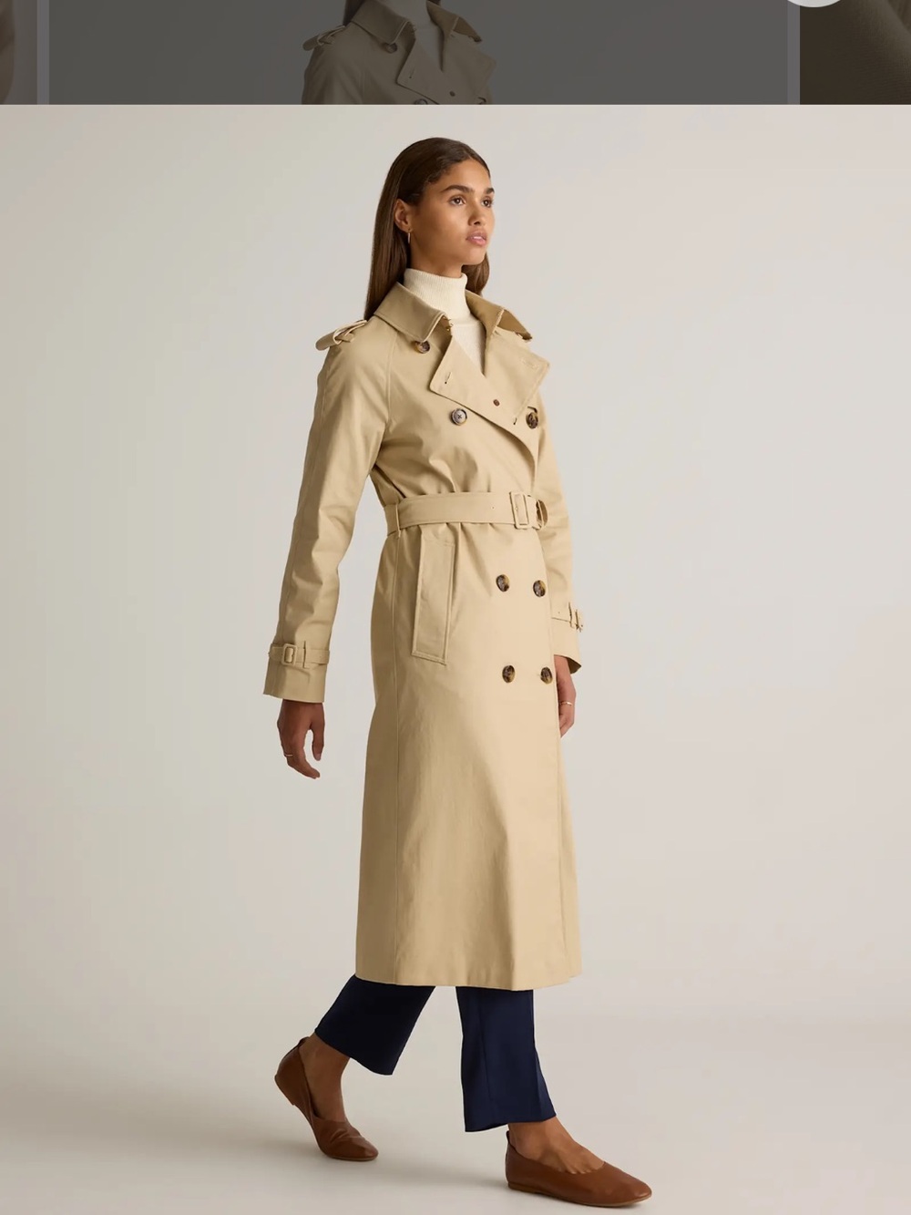 NWT QUINCE Comfort Stretch Long Trench Coat Double-Breasted Light Khaki 9553 - Picture 7 of 16